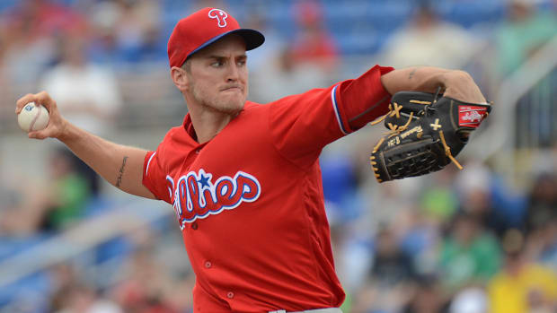 Mar 2, 2016; Dunedin, FL, USA; Philadelphia Phillies starting pitcher David Buchanan (55) throws a pitch in the first inning of the spring training game against the Toronto Blue Jays at Florida Auto Exchange Park.